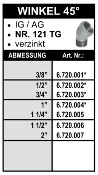 Winkel 45° (Innengewinde x Aussengewinde) aus Temperguss, verzinkt