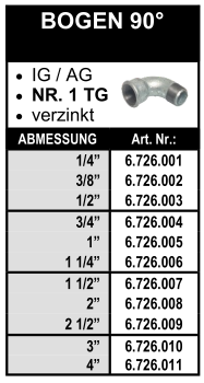 Bogen 90° (Innengewinde x Aussengewinde) aus Temperguss, verzinkt