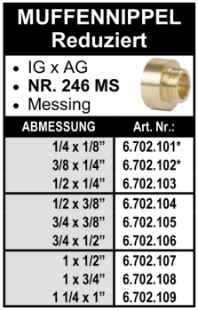 Muffennippel - reduziert (Innengewinde x Aussengewinde) aus Messing