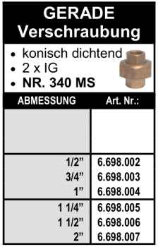 Gerade Verschraubung - konisch dichtend (Innengewinde x Innengewinde) aus Messing