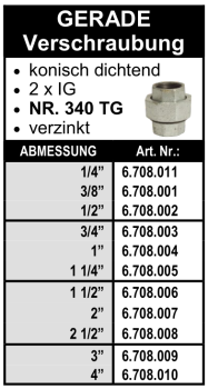 Gerade Verschraubung - konisch dichtend (Innengewinde x Innengewinde) aus Temperguss, verzinkt