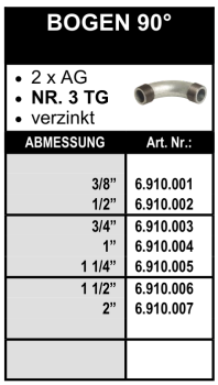 Bogen 90° (2x Aussengewinde) aus Temperguss, verzinkt