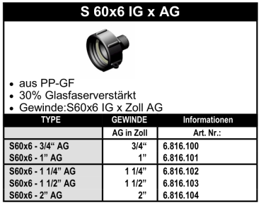 IBC-Adapter - S60x6 IG x Aussengewinde