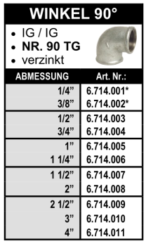Winkel 90° (Innengewinde x Innengewinde) aus Temperguss, verzinkt