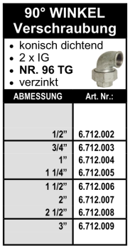 90° Winkel Verschraubung - konisch dichtend (Innengewinde x Innengewinde) aus Temperguss, verzinkt