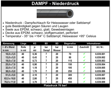 Dampf - Niederdruck - Schlauch