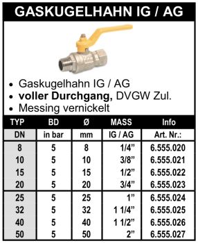 Messing Gaskugelhahn (Innengewinde x Aussengewinde)