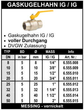 Messing Gaskugelhahn (beidseitig Innengewinde)