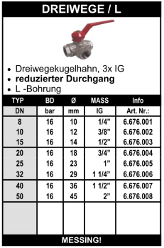 Messing Dreiwege-Kugelhahn L-Bohrung (Innengewinde)