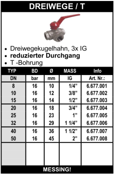 Messing Dreiwege-Kugelhahn T-Bohrung (Innengewinde)