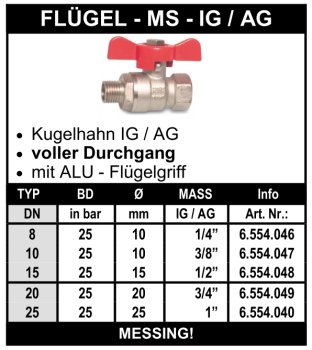 Messing Flügelkugelhahn (Innengewinde x Aussengewinde)