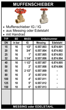 Muffenschieber aus Messing oder Edelstahl