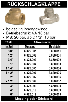 Rückschlagklappe aus Messing oder Edelstahl