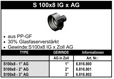 IBC-Adapter - S100x8 IG x Aussengewinde