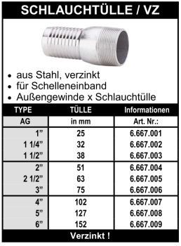 Schlauchtülle mit Aussengewinde für Schelleneinband aus Stahl, verzinkt