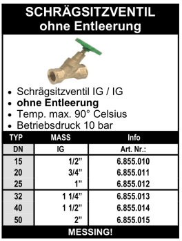Messing Schrägsitzventil (ohne Entleerung)