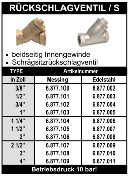 Schrägsitzrückschlagventil aus Messing oder Edelstahl