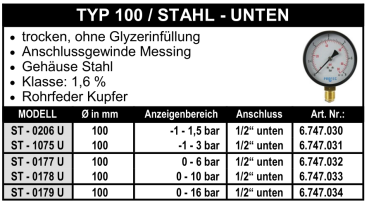 Manometer Ø 100 mm - 1/2" - Stahl - Unten