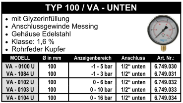 Manometer Ø 100 mm - 1/2" - Edelstahl - Unten