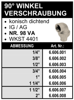 90° Winkel Verschraubung - konisch dichtend (Innengewinde x Aussengewinde) aus Edelstahl