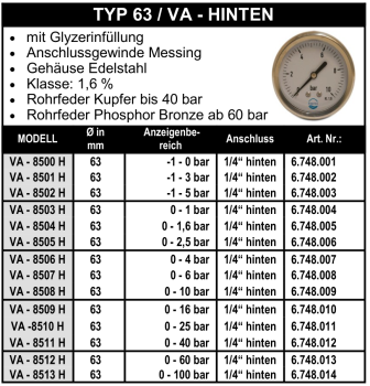 Manometer Ø 63 mm - 1/4" - Edelstahl - Hinten