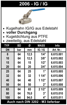 Edelstahl Kugelhahn (beidseitig Innengewinde) Typ 2006