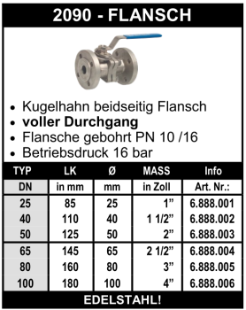 Edelstahl Flanschkugelhahn (beidseitig Flansch) Typ 2090