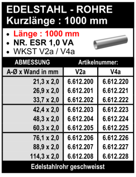 Edelstahl Rohre - Länge 1000 mm