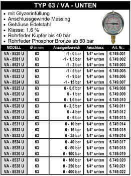 Manometer Ø 63 mm - 1/4" - Edelstahl - Unten