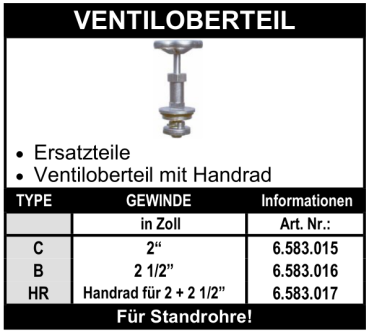 Ventiloberteil für Standrohre