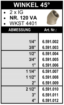 Winkel 45° (Innengewinde x Innengewinde) aus Edelstahl
