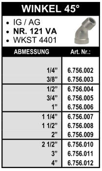 Winkel 45° (Innengewinde x Aussengewinde) aus Edelstahl