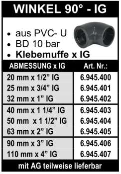 90° Winkel (Klebemuffe x Innengewinde) aus PVC-U