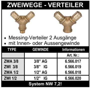 Zweiwege Druckluftverteiler mit Innengewinde oder Aussengewinde (NW 7,2)