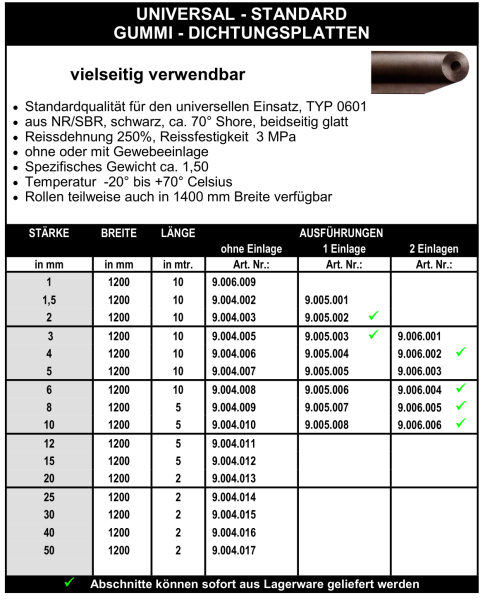 Gummi-Dichtungsplatte - Universal Standard Typ 0601