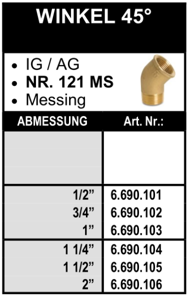 Winkel 45° (Innengewinde x Aussengewinde) aus Messing