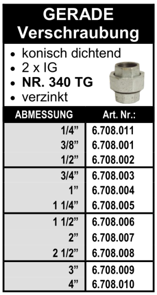 Gerade Verschraubung - konisch dichtend (Innengewinde x Innengewinde) aus Temperguss, verzinkt