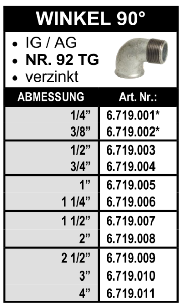 Winkel 90° (Innengewinde x Aussengewinde) aus Temperguss, verzinkt