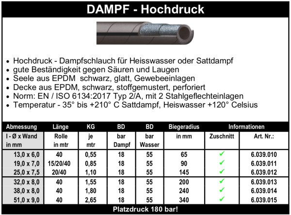 Dampf - Hochdruck - Schlauch