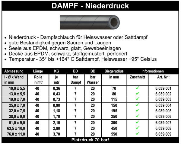 Dampf - Niederdruck - Schlauch