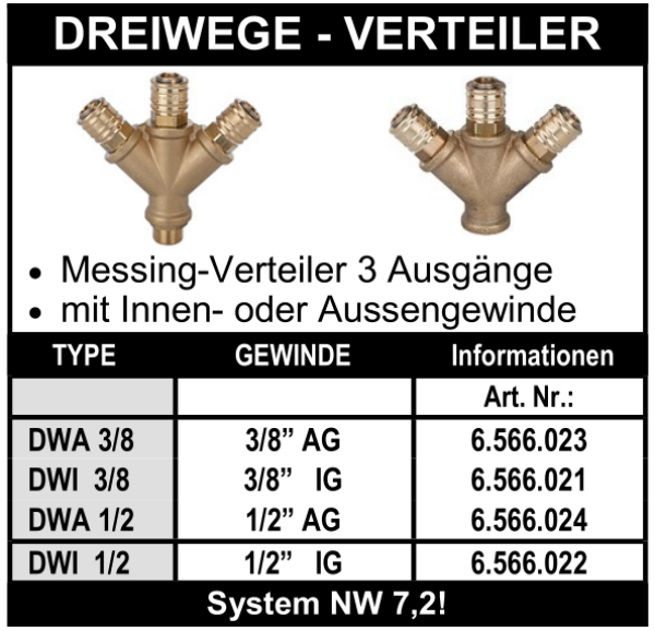Dreiwege Druckluftverteiler mit Innengewinde oder Aussengewinde (NW 7,2)