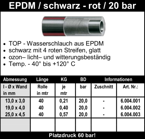 EPDM / schwarz - rot / 20 bar - Schlauch