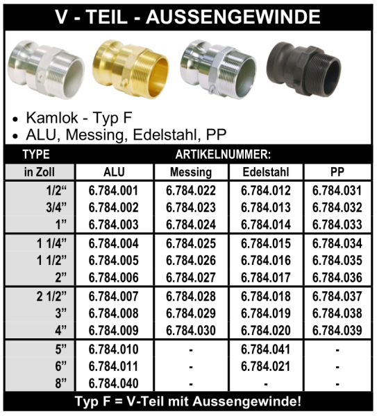 Kamlok V-Teil mit Aussengewinde Typ F