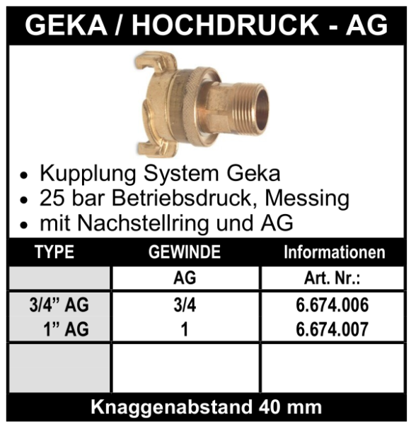 System Geka mit Aussengewinde aus Messing - Hochdruck