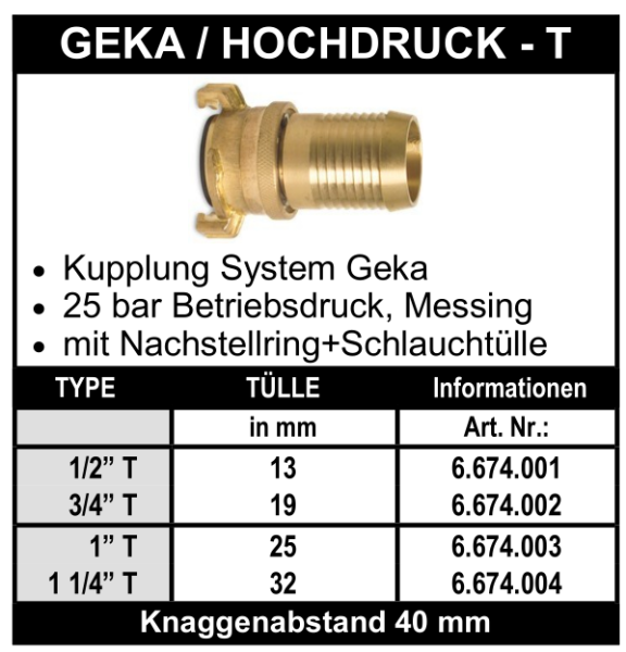 System Geka mit Schlauchtülle aus Messing - Hochdruck