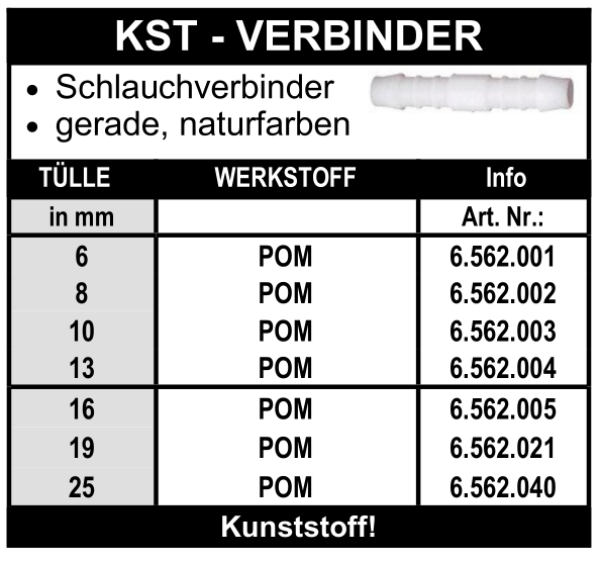 Kunststoff Schlauchverbinder gerade