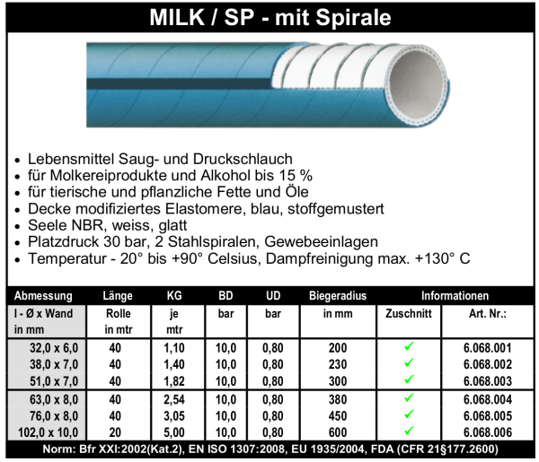 Milk / SP - mit Spirale - Schlauch