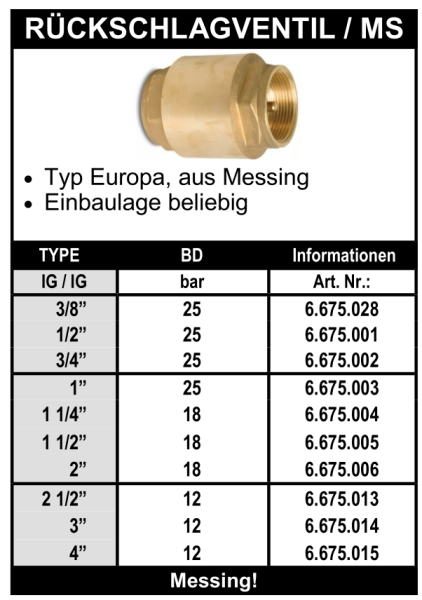 Rückschlagventil aus Messing