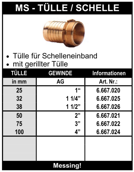 Tankwagen Schlauchtülle mit Aussengewinde für Schelleneinband aus Messing