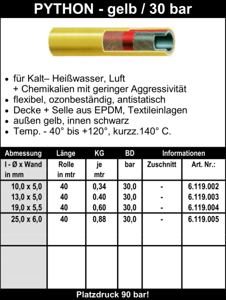 Python - gelb / 30 bar - Schlauch